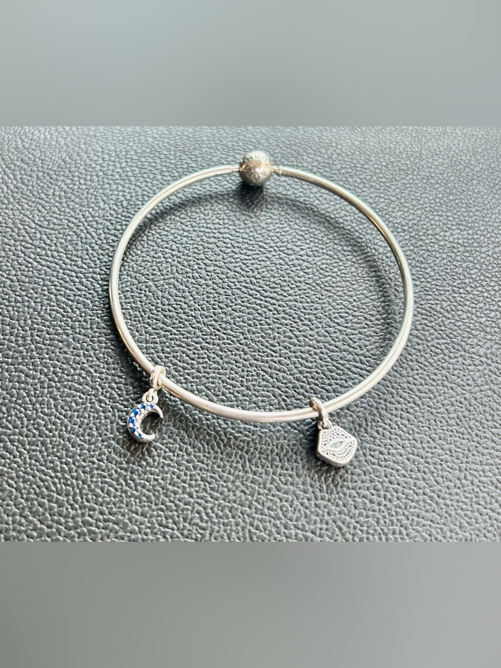 Pandora Silver Bangle with Blue Crescent Moon & Evil Eye Charms